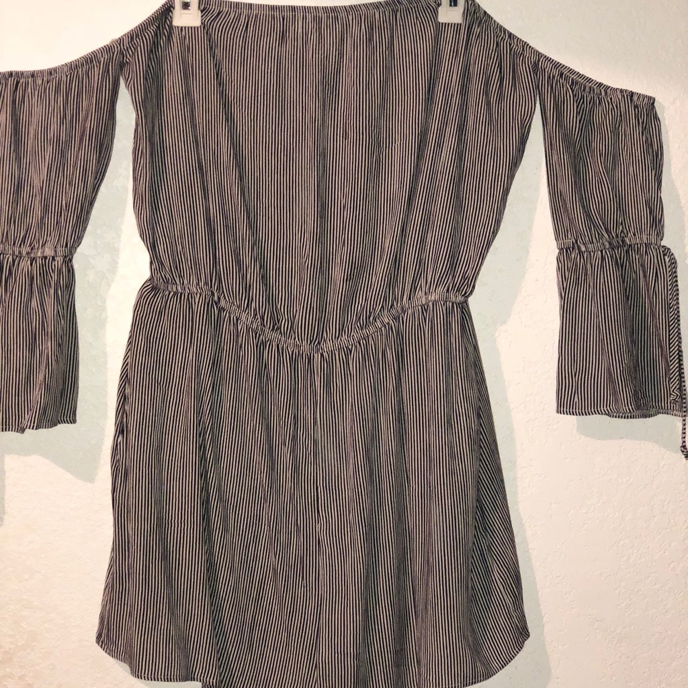 Pinstripe off the shoulder romper